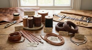 A wooden workbench showcasing various types of leather cords including flat, round, black, and braided bolo styles, labeled on a rustic craft table with tools.