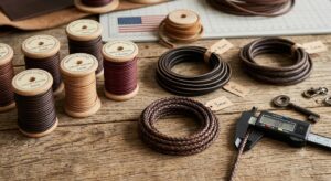 A collection of various premium genuine leather cords arranged on a rustic wooden workbench, featuring multiple wooden spools of round cord in different sizes (1mm, 1.5mm, 2mm), coils of flat black leather, a loop of thick 6mm brown cord, and a braided leather strand being measured precisely at 3.0mm with a digital caliper.