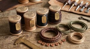 A close-up, top-down view of five wooden spools wound with various sizes of round leather cord (2mm, 1.5mm, 2.5mm, 4mm). The spools are labeled 'PREMIUM COWHIDE CORD