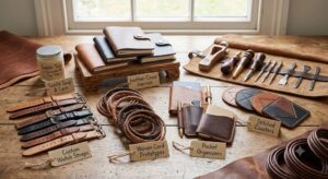 Premium leather cords on a craft workbench featuring bulk spools, flat leather strips, braided bolo cords, black cords, and finished necklaces with tools.