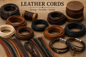 Premium leather cords in various colors and styles for jewelry making and DIY crafts.