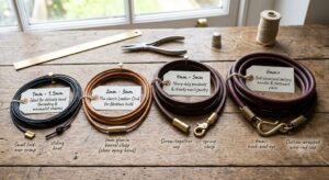 A side-by-side comparison of four leather cord sizes (1mm to 6mm+) with matching labels and clasps on a wooden workbench.