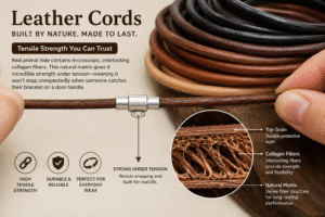 Close-up of a premium leather cord demonstrating high tensile strength with a detailed view of its natural collagen fiber structure.