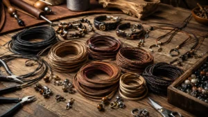 Premium leather cords and jewelry-making tools arranged on a rustic wooden workbench.