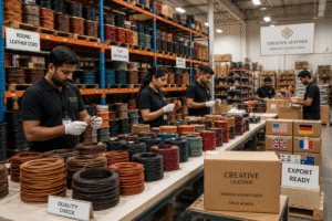 Workers inspecting premium leather cords in a modern warehouse