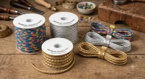 Colorful braided cords on spools with craft tools.