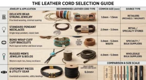 Leather cord selection guide with sizes and jewelry uses.