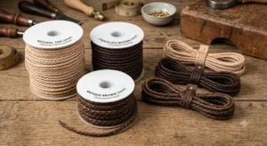 Hand-braided leather cords in natural, brown, and antique brown colors.