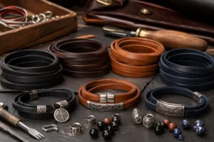 Flat leather cords with jewelry components and artisan tools