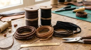 Assorted real leather cords in UK workshop including round and flat profiles