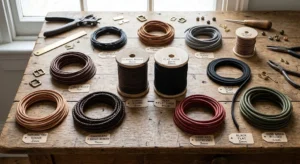 Crafting display with colorful leather cords, bags, and leatherworking tools