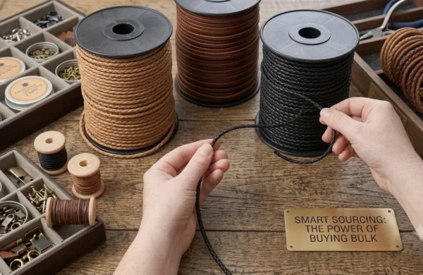 Large spools of black and brown braided leather cord bulk stock