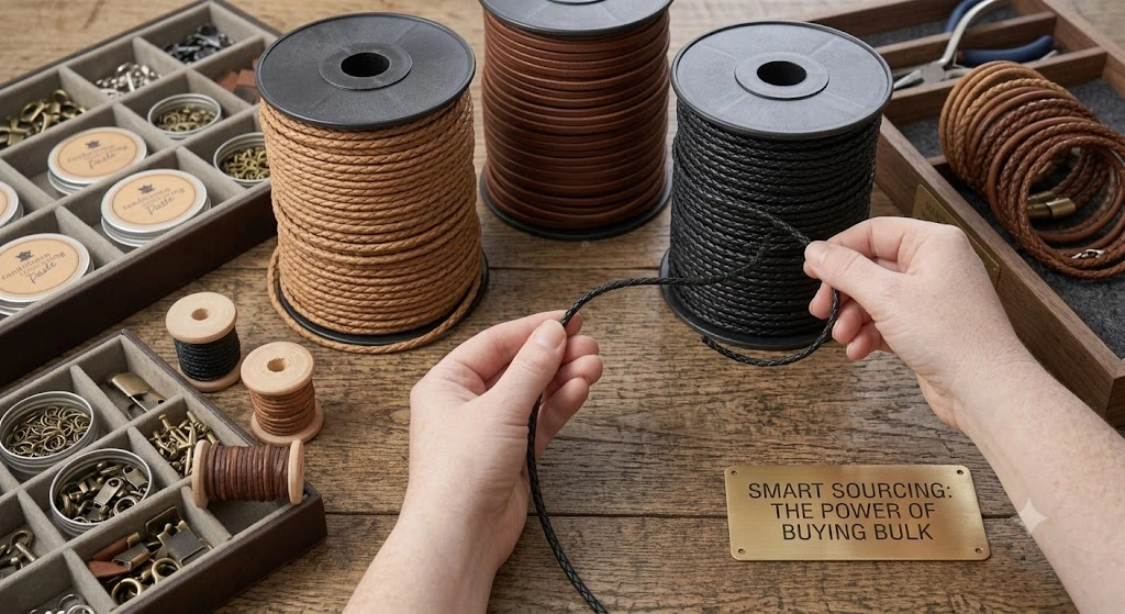 Large spools of black and brown braided leather cord bulk stock