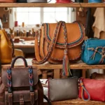 Crafted leather bags, totes, and backpacks on display in a studio