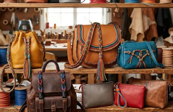 Crafted leather bags, totes, and backpacks on display in a studio