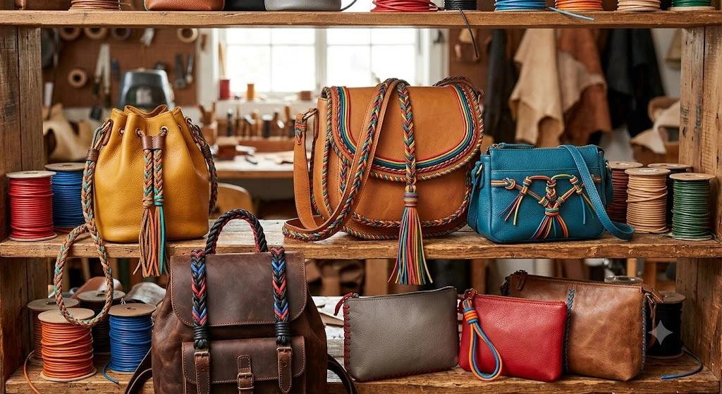 Crafted leather bags, totes, and backpacks on display in a studio