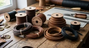 Flat leather cord and classic round leather cord spools on a wooden crafting table