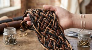 Close up view of multi strand tan and brown interwoven craft material