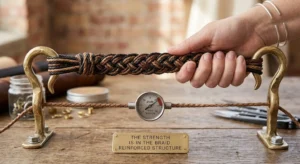 Tension gauge measuring high pull strength on brass testing hooks