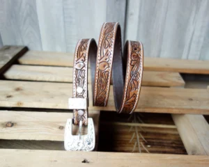 Classic brown genuine  belt with embossed floral design