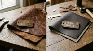 A side-by-side comparison on a wooden workbench: natural, distressed real leather with rough edges versus uniform, pebble-grained synthetic leather with a fabric backing,