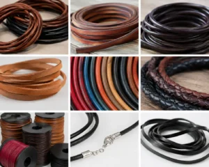 Alt Text: A 3x3 photo grid showcasing various styles, colors, and textures of leather cords and strips for crafting and jewelry making.