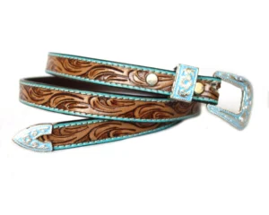 Custom leather belts USA with western floral tooling, turquoise trim, and matching silver engraved buckle set.