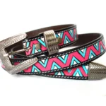 Handcrafted leather belt with pink, turquoise, and white chevron pattern and silver buckle.