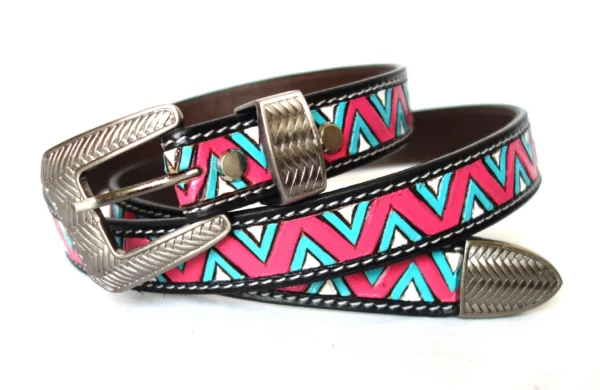 Handcrafted leather belt with pink, turquoise, and white chevron pattern and silver buckle.