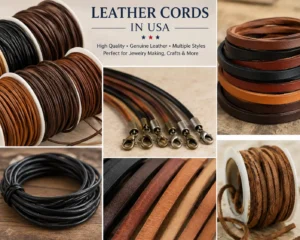 Product collage showing various genuine leather cords, flat leather strips, and spools in black and brown shades for crafts.