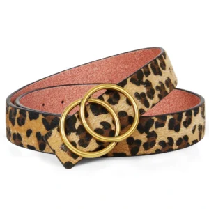 Faux-fur leopard print leather belt with double gold O-ring buckle.