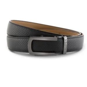 Black textured ratchet leather belt with sleek gunmetal automatic buckle.