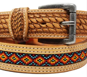 Tooled leather belt with colorful beaded inlay and antique silver buckle.