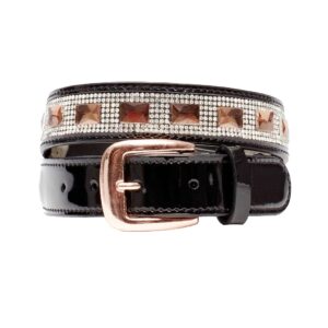 Black patent leather belt with rhinestone embellishments, brown gem studs, and rose gold buckle.