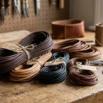 Bundles of dark brown, tan, and black leather cords on a wooden workbench.