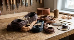Bundles of dark brown, tan, and black leather cords on a wooden workbench.