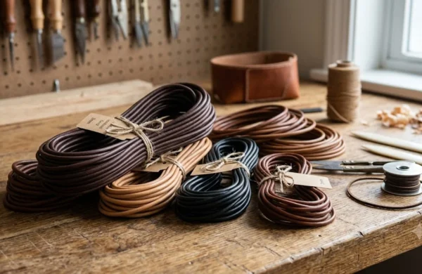 Bundles of dark brown, tan, and black leather cords on a wooden workbench.