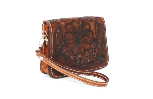 Embossed brown leather purse with strap