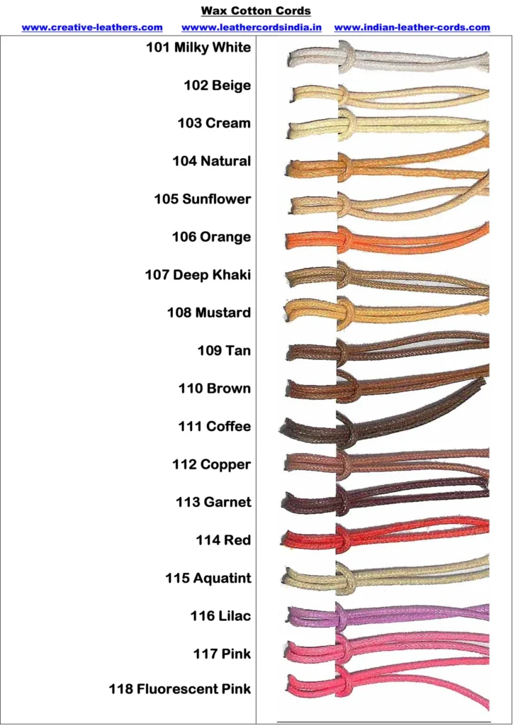 Wax cotton cords in various colors