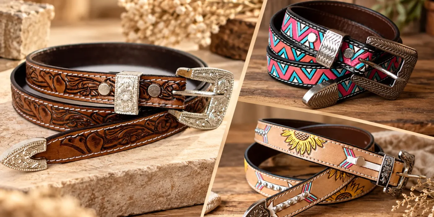 Three decorative leather belts .