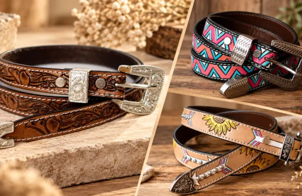 Three decorative leather belts .